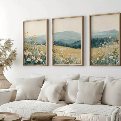 Three framed landscape paintings above a white sofa in a living room.