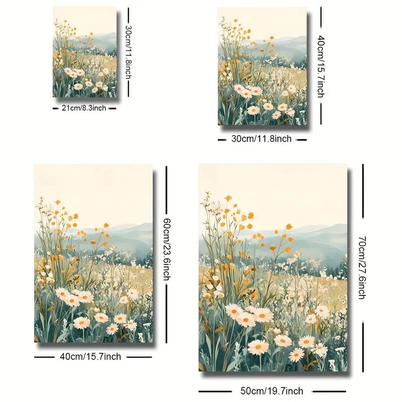Four floral canvas prints with measurements on a white background