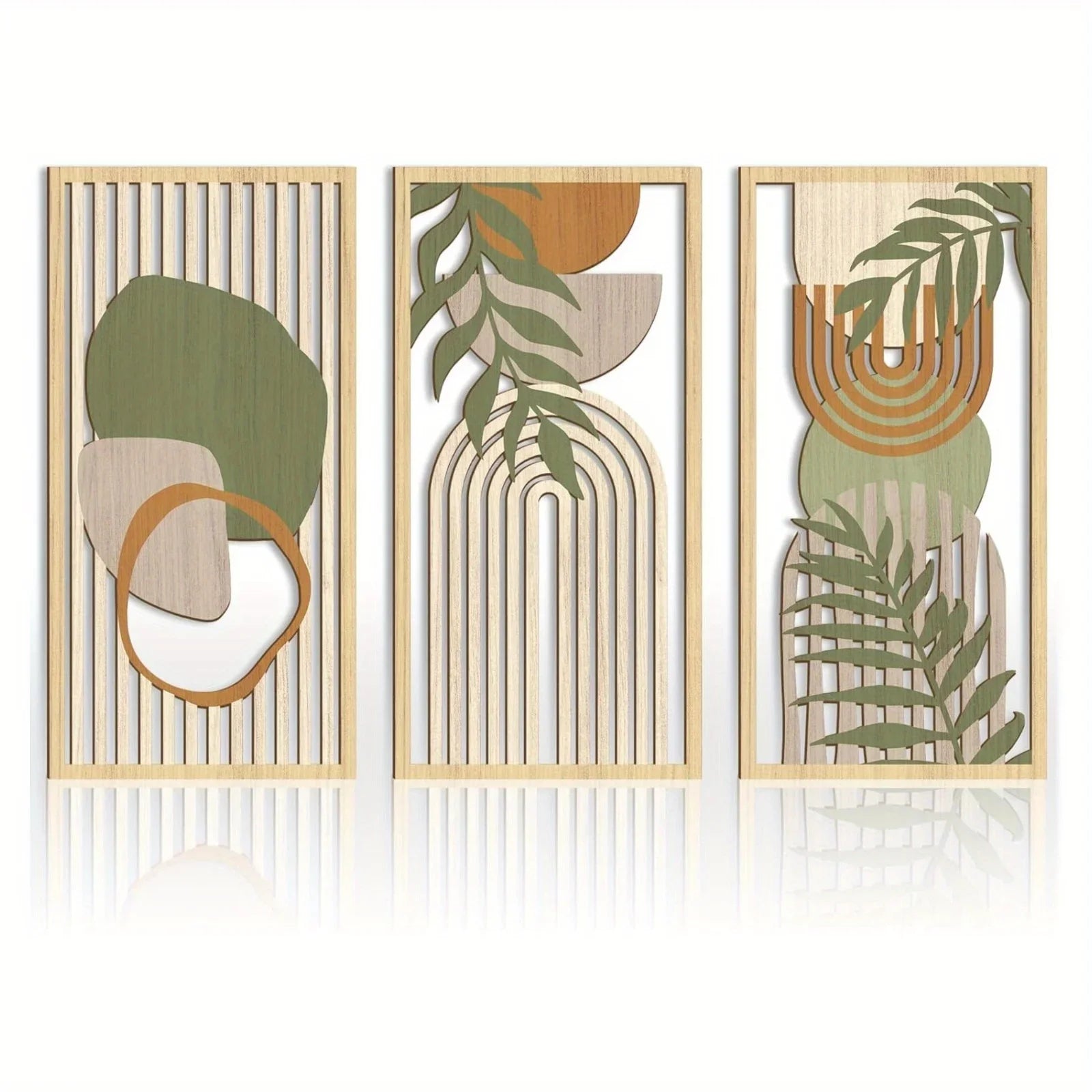 Three abstract wall art panels with geometric shapes and leaf patterns on a white background.