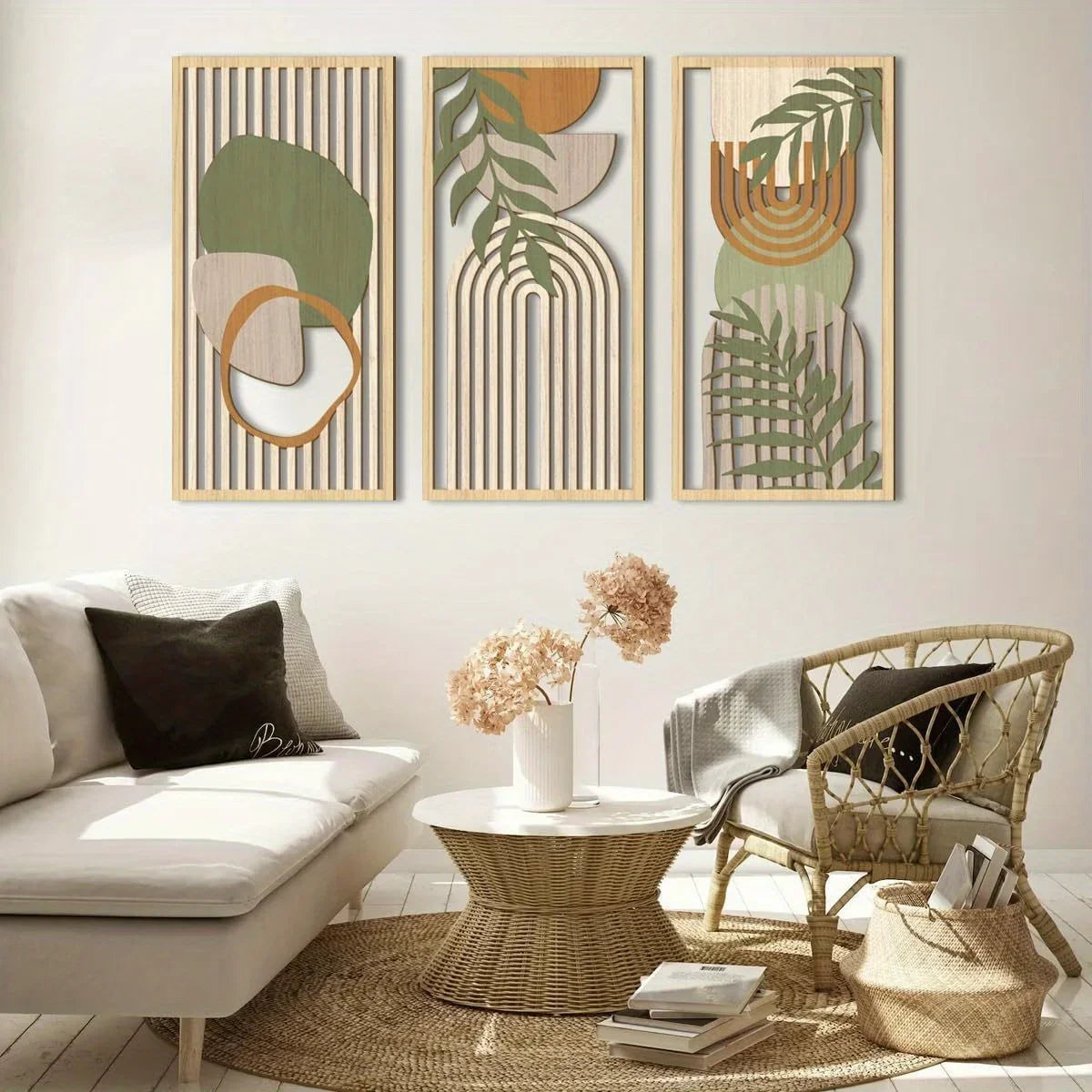 Living room with abstract wall art, sofa, and wicker chair.