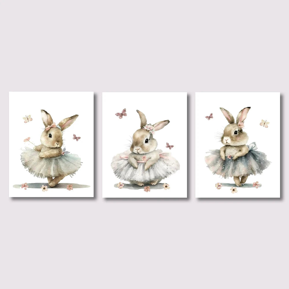 Three illustrations of rabbits in tutus on a light gray background