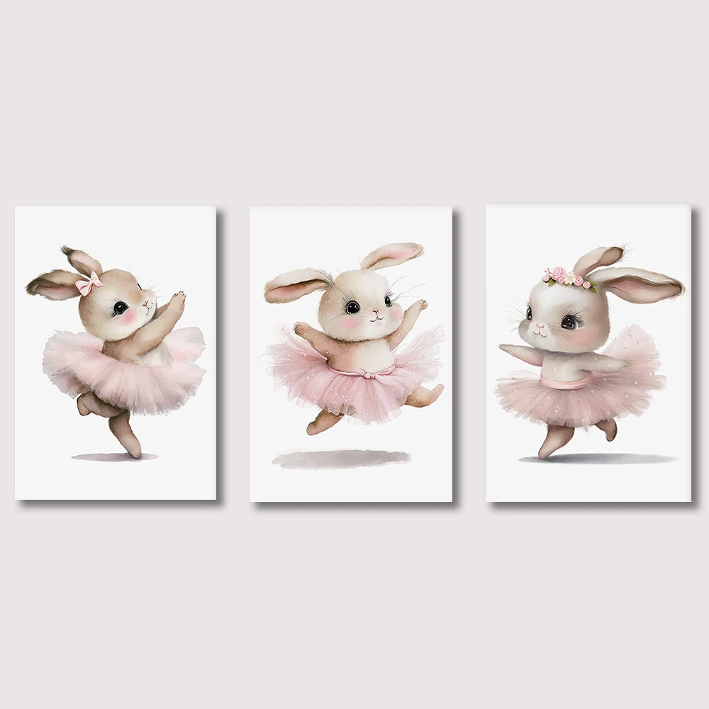 Three illustrations of ballerina rabbits in pink tutus on a white background