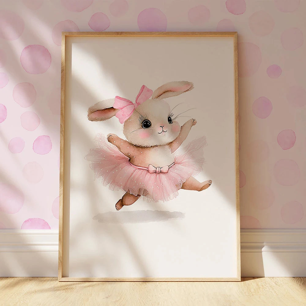 Framed artwork of a ballerina rabbit in a tutu against a polka dot wall.