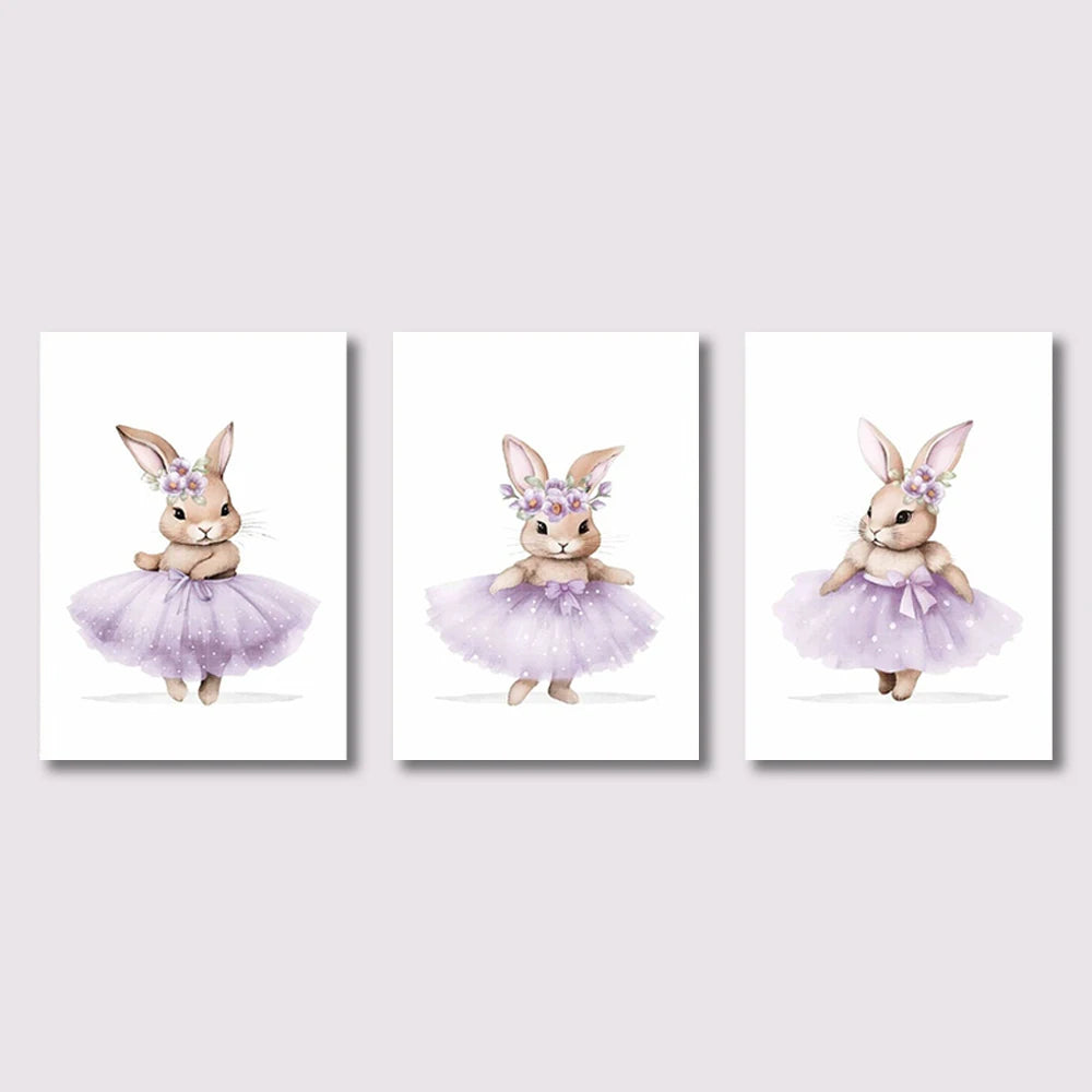 Three illustrations of a rabbit in a tutu on white backgrounds.