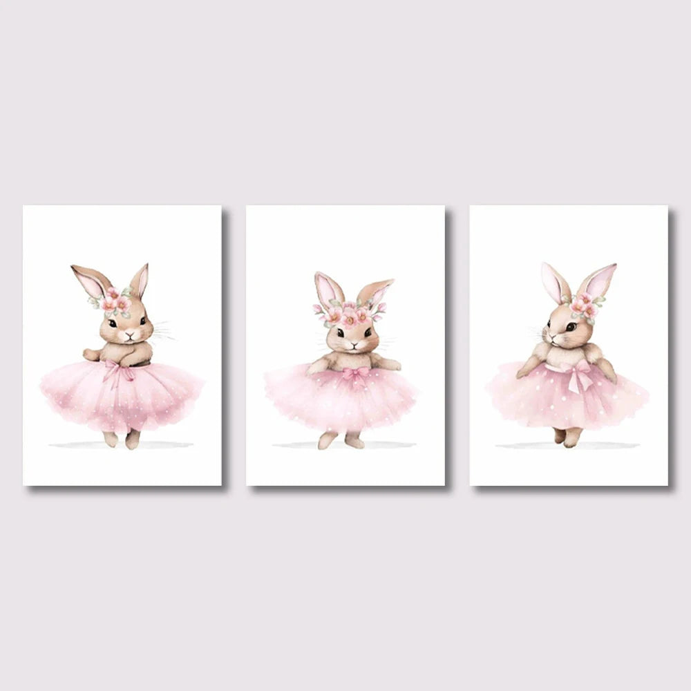 Three illustrations of a rabbit in a pink dress on white backgrounds.