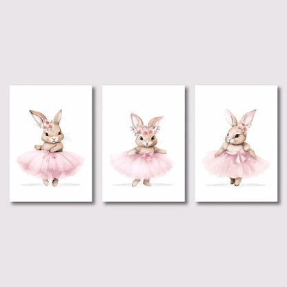 Three illustrations of a rabbit in a pink dress on white backgrounds.