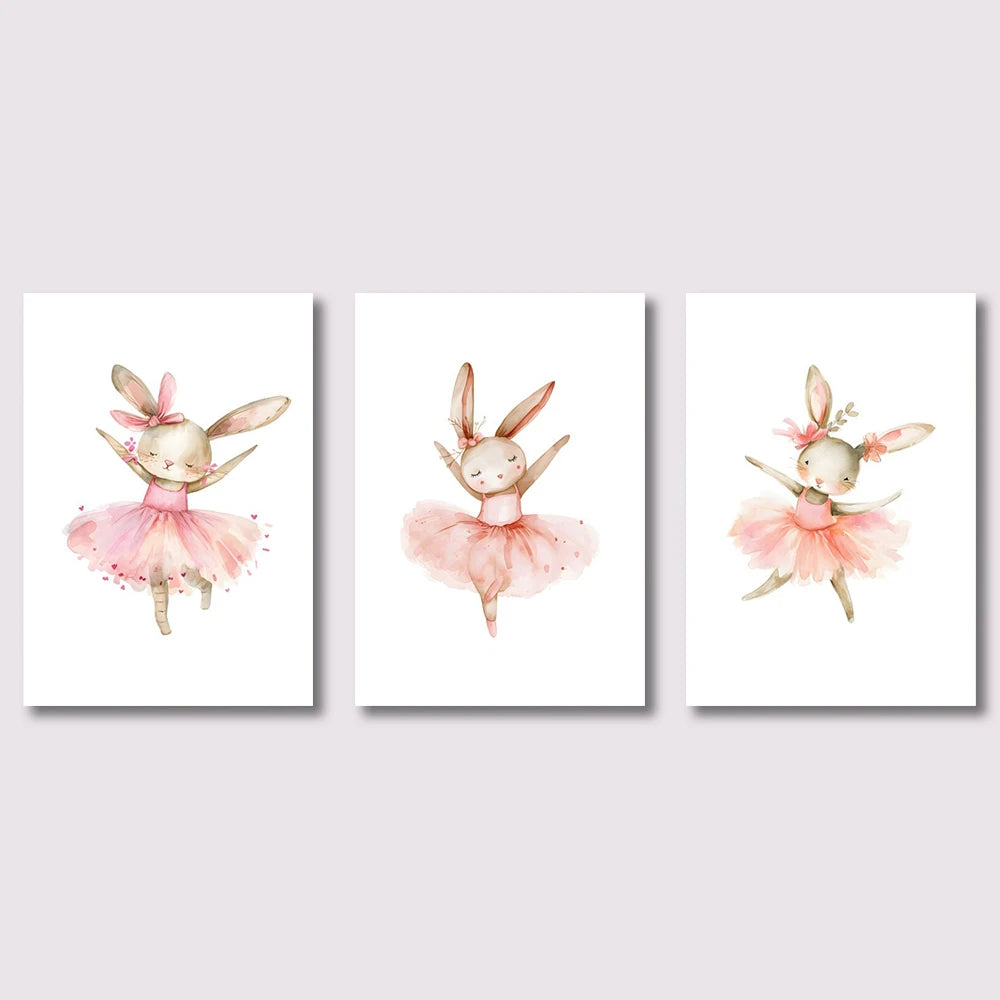 Three illustrations of a rabbit in a pink ballet outfit on white backgrounds.