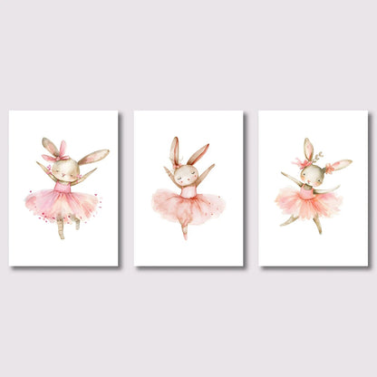 Three illustrations of a rabbit in a pink ballet outfit on white backgrounds.