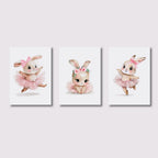 Three illustrations of a rabbit in a pink tutu on a white background