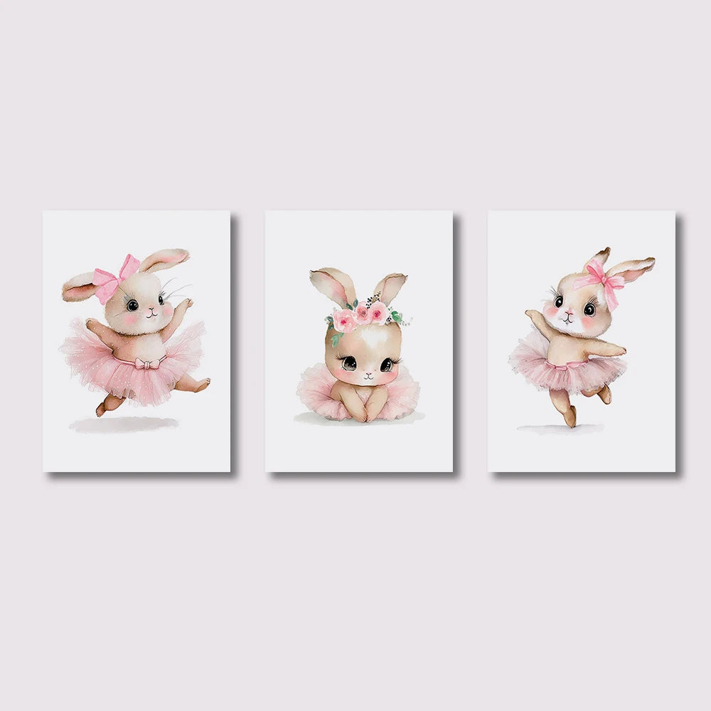Three illustrations of a rabbit in a pink tutu on a white background