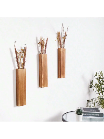 Set of 3 Nordic Wooden Vase Wall Planters - Natural Grain Finish, Minimalist Scandinavian Design, Perfect for Long-Stemmed Flowers and Home Decor, Versatile and Elegant Decorative Pieces
