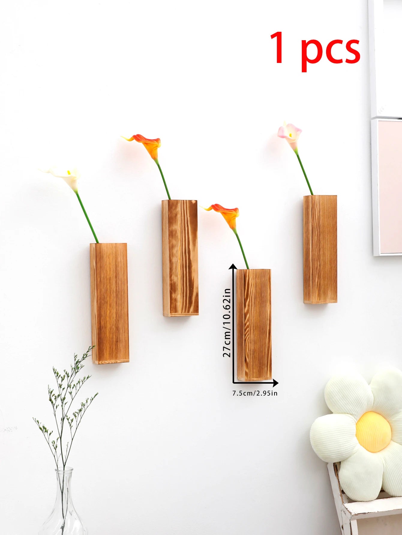 Set of 3 Nordic Wooden Vase Wall Planters - Natural Grain Finish, Minimalist Scandinavian Design, Perfect for Long-Stemmed Flowers and Home Decor, Versatile and Elegant Decorative Pieces
