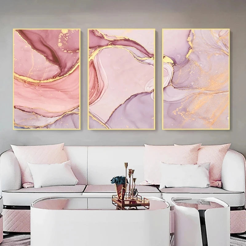 Set of 3 Pcs Colorful Golden Pink Abstract Marble Print Wall Art Fine Art Canvas Prints Posters Pictures For Living Room Bedroom Home Decor