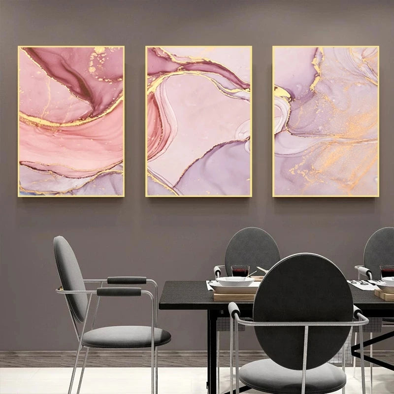 Set of 3 Pcs Colorful Golden Pink Abstract Marble Print Wall Art Fine Art Canvas Prints Posters Pictures For Living Room Bedroom Home Decor