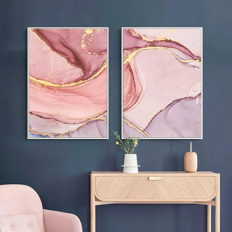 Set of 3 Pcs Colorful Golden Pink Abstract Marble Print Wall Art Fine Art Canvas Prints Posters Pictures For Living Room Bedroom Home Decor
