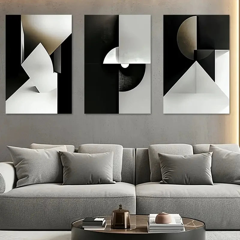 Set of 3 Pcs Modern Geometric Wall Art Fine Art Canvas Prints Neutral Color Palette Black Grey Abstract Pictures For Living Room Contemporary Home Decor