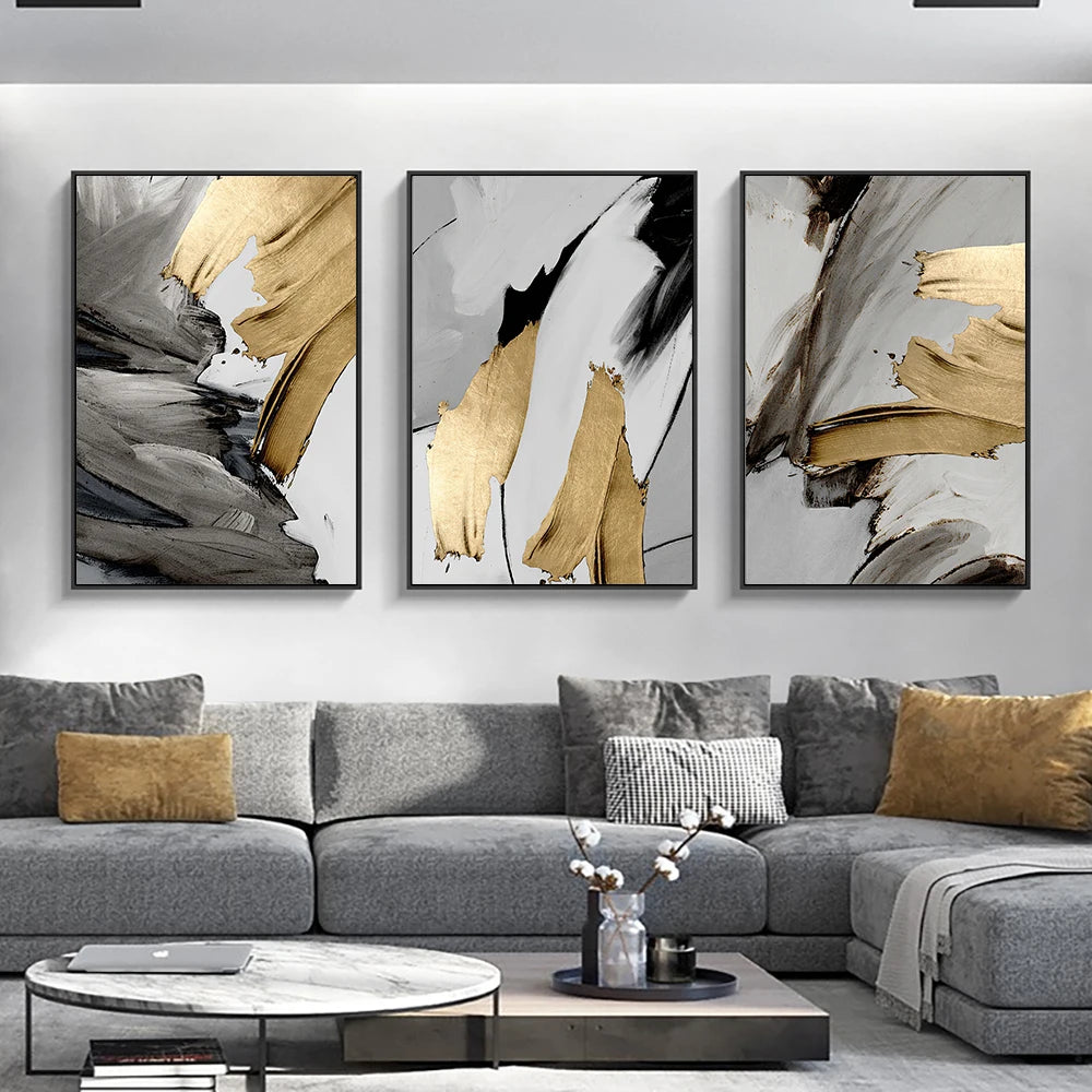 Set of 3 Pcs Thick Brush Grey Golden Abstract Wall Art Fine Art Canvas Prints Pictures For Living Dining Room Modern Art For Contemporary Interiors