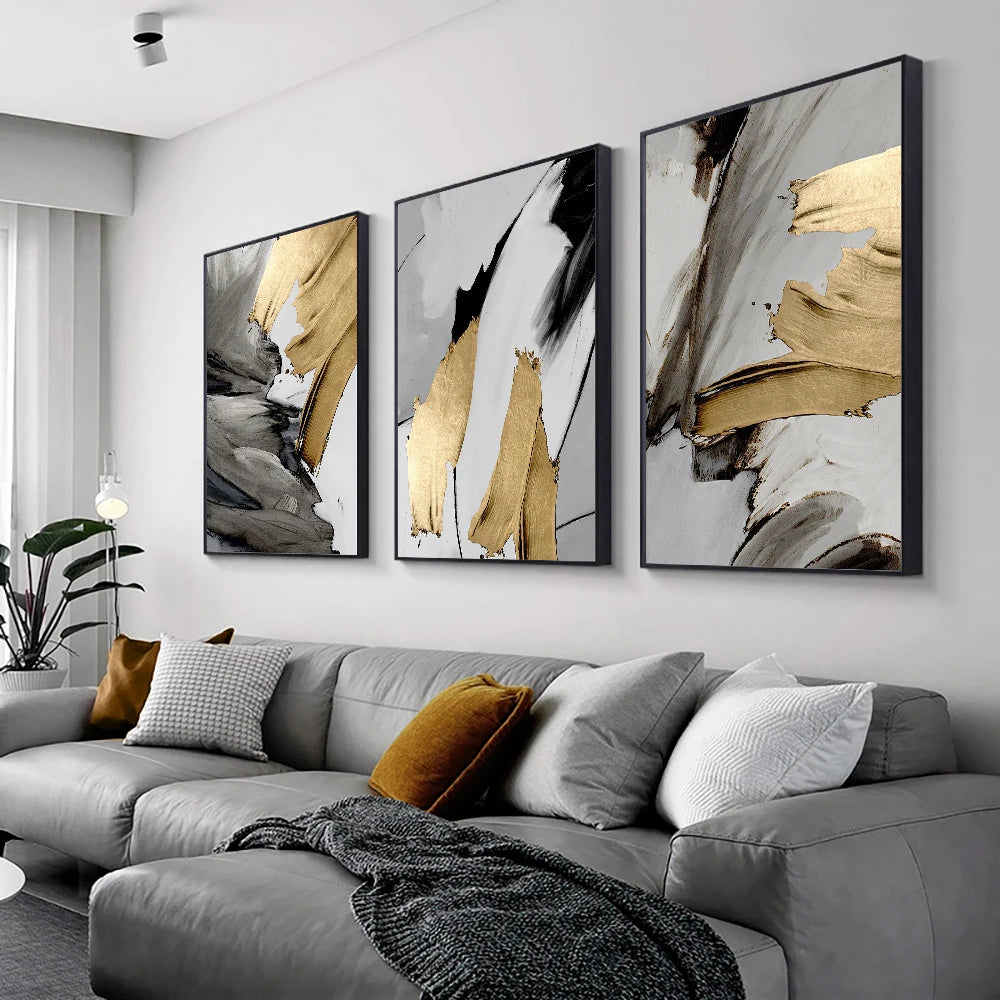 Set of 3 Pcs Thick Brush Grey Golden Abstract Wall Art Fine Art Canvas Prints Pictures For Living Dining Room Modern Art For Contemporary Interiors 2025