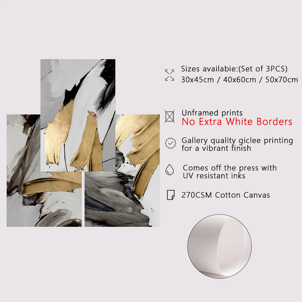 Set of 3 Pcs Thick Brush Grey Golden Abstract Wall Art Fine Art Canvas Prints Pictures For Living Dining Room Modern Art For Contemporary Interiors 2025