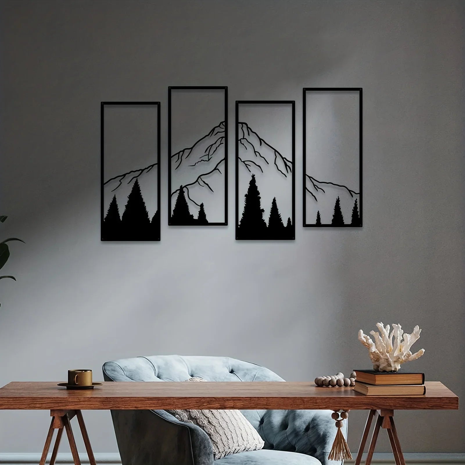 Set of 4Pcs Forest Mountain Landscape Iron Art Wall Art 3D Metal Wall Decor For Living Room Dining Room Creative Nordic Home Decor