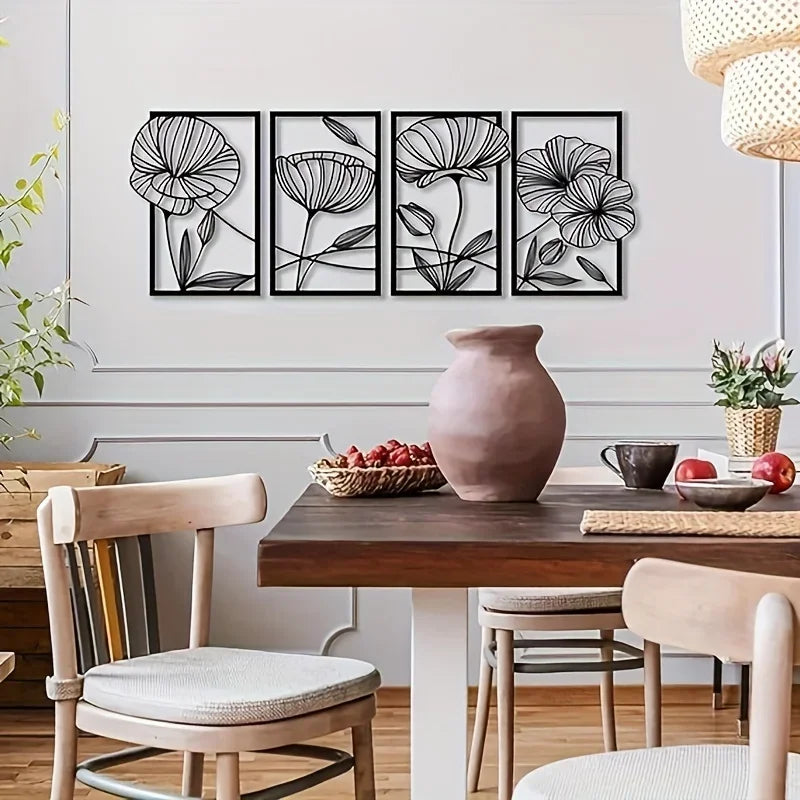 Set of 4Pcs Modern Floral Metal Wall Art Plaques Elegant 3d Iron Crafted Wall Decoration For Living Room Dining Room Bedroom Art