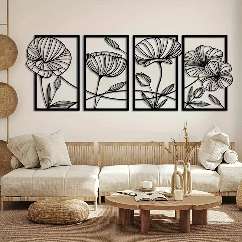 Set of 4Pcs Modern Floral Metal Wall Art Plaques Elegant 3d Iron Crafted Wall Decoration For Living Room Dining Room Bedroom Art