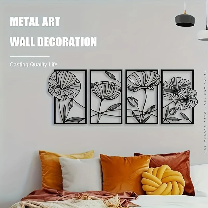 Set of 4Pcs Modern Floral Metal Wall Art Plaques Elegant 3d Iron Crafted Wall Decoration For Living Room Dining Room Bedroom Art