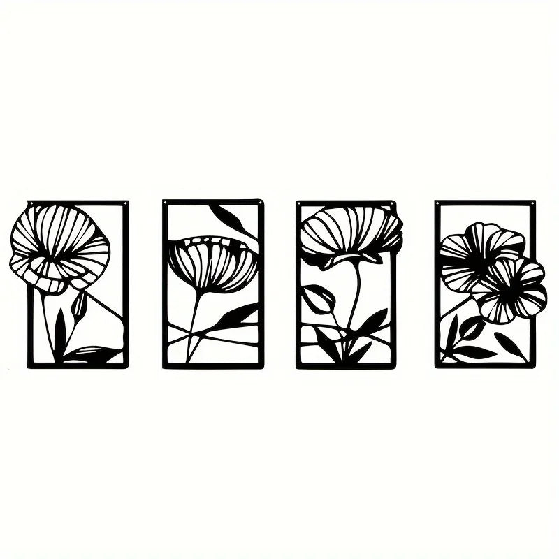 Set of 4Pcs Modern Floral Metal Wall Art Plaques Elegant 3d Iron Crafted Wall Decoration For Living Room Dining Room Bedroom Art