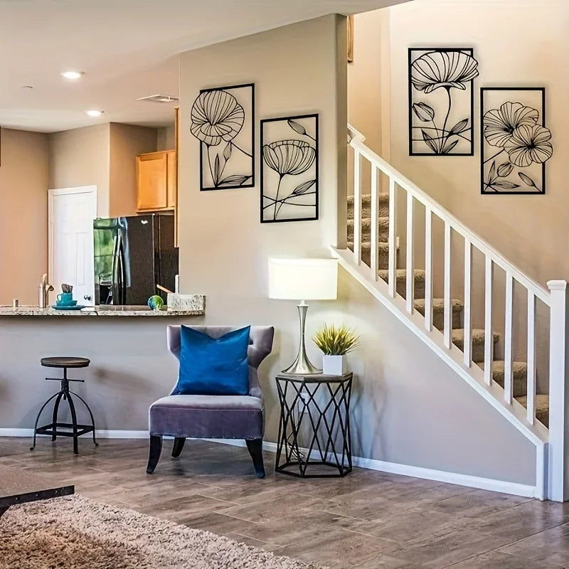 Set of 4Pcs Modern Floral Metal Wall Art Plaques Elegant 3d Iron Crafted Wall Decoration For Living Room Dining Room Bedroom Art