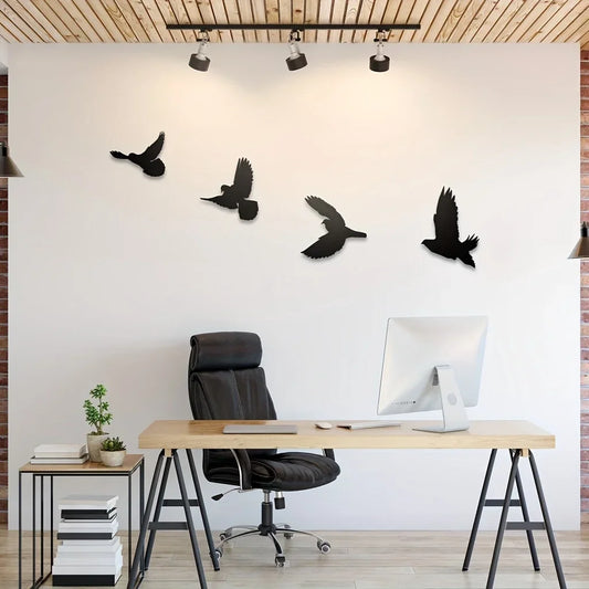 Set of 4Pcs Silhouetted Birds Black Metal Wall Art 3d Iron Crafted Nordic Wall Decoration For Living Room Dining Room Creative Home Decor