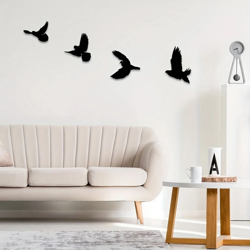 Set of 4Pcs Silhouetted Birds Black Metal Wall Art 3d Iron Crafted Nordic Wall Decoration For Living Room Dining Room Creative Home Decor