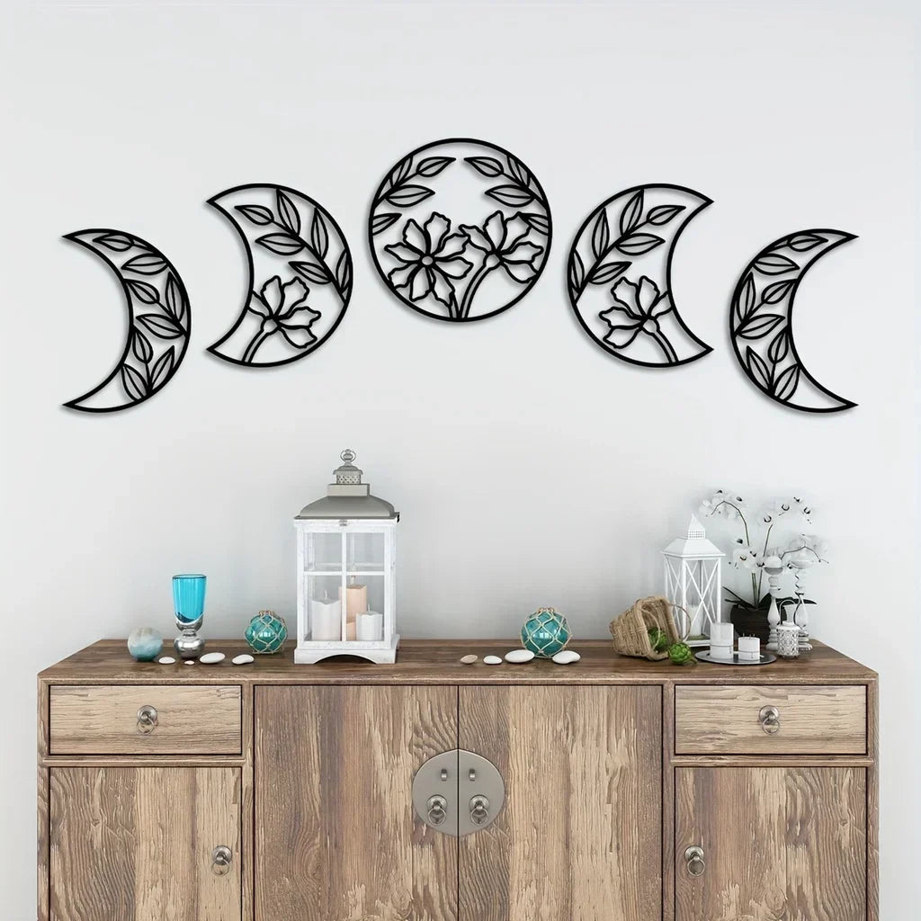 Set of 5Pcs Flower Moon Phases Black Metal Wall Art 3d Iron Crafted Wall Decoration For Living Room Bedroom Art For Above The Bed