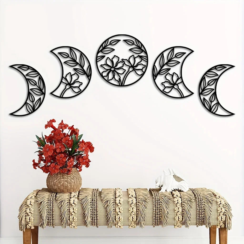 Set of 5Pcs Flower Moon Phases Black Metal Wall Art 3d Iron Crafted Wall Decoration For Living Room Bedroom Art For Above The Bed