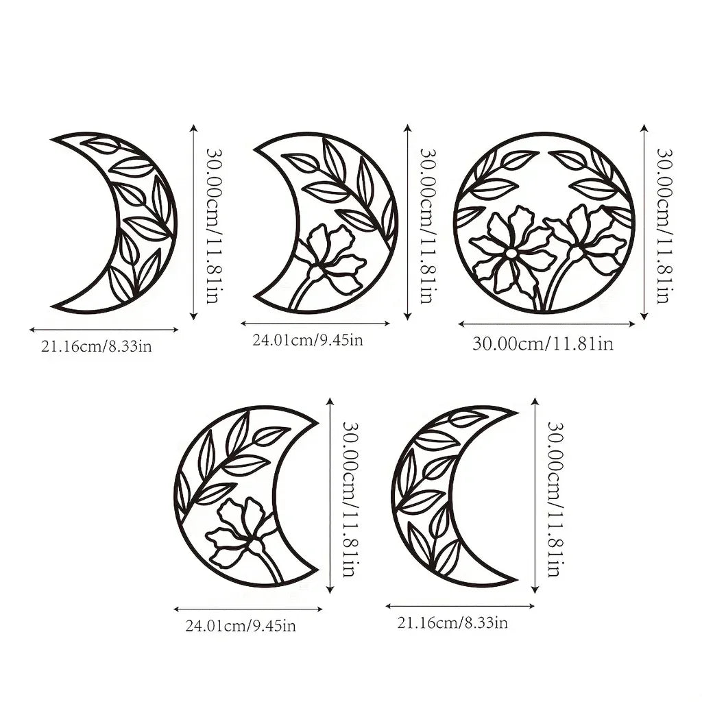 Set of 5Pcs Flower Moon Phases Black Metal Wall Art 3d Iron Crafted Wall Decoration For Living Room Bedroom Art For Above The Bed