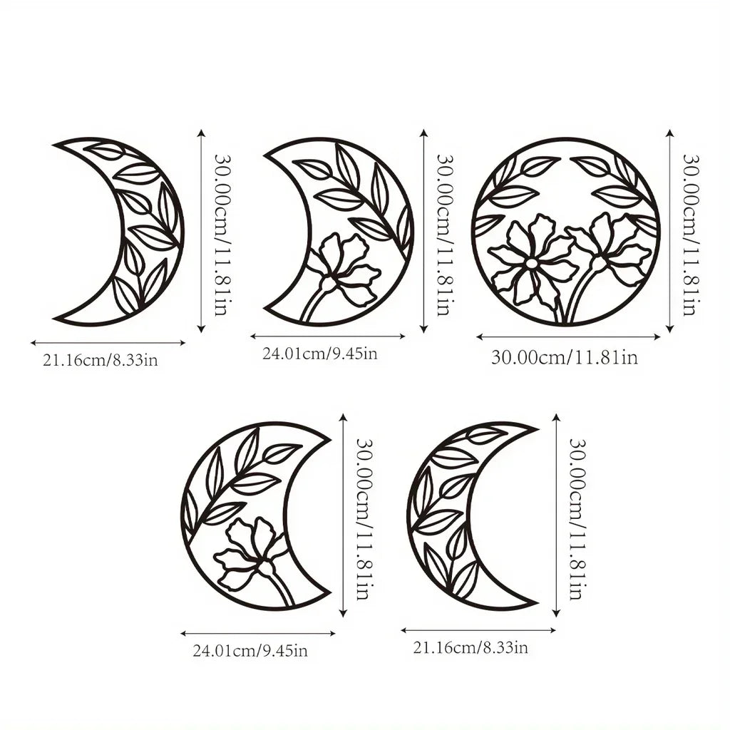 Set of 5Pcs Flower Moon Phases Black Metal Wall Art 3d Iron Crafted Wall Decoration For Living Room Bedroom Art For Above The Bed