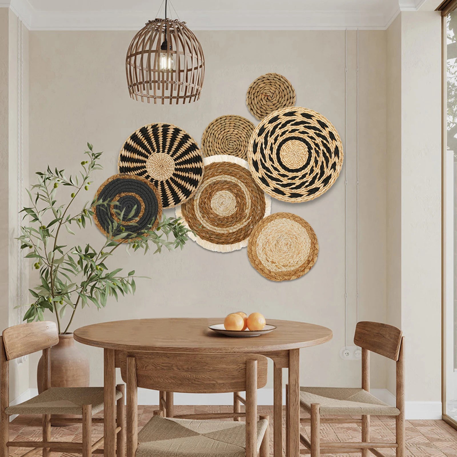Set of 7Pcs Round Woven Wicker Wall Art Rustic Coffee Table Mat Multi-Purpose Decorative Display Pieces For Living Room Dining Room Nordic Home Decor