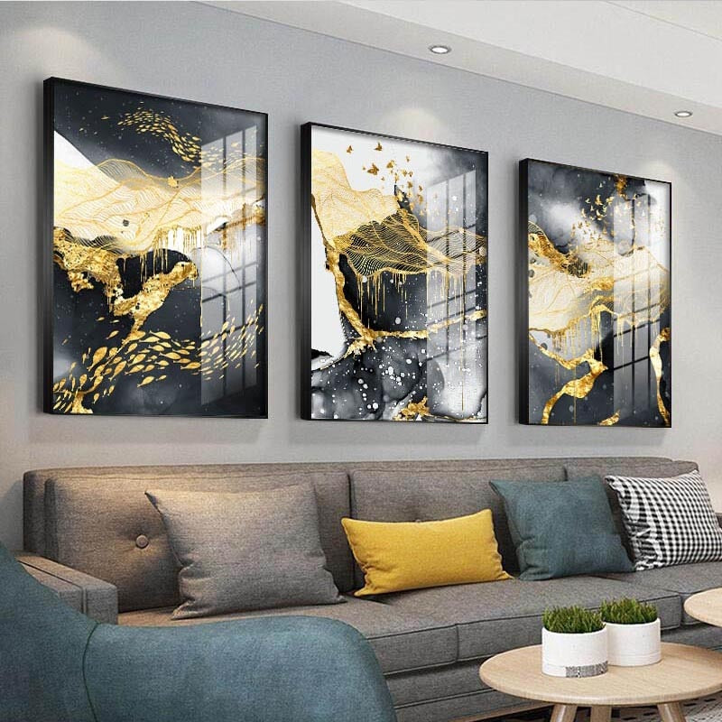 * Featured Sale * Modern Abstract Black Golden Liquid Organic Marble Wall Art Fine Art Canvas Prints For Home Office Art Decor (Set of 3)