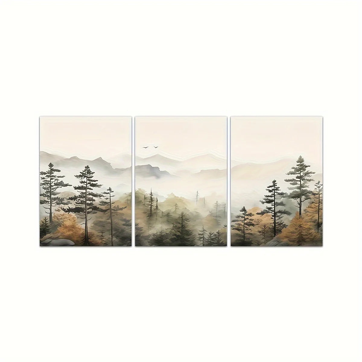 Set of 3Pcs Misty Mountain Forest Wall Art Fine Art Canvas Prints Modern Landscape Neutral Tones Artwork For Living Room
