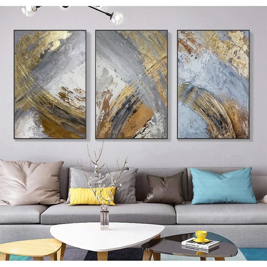 * Hand Painted * Modern Abstract Wall Art Large Format Golden Painting Textured Brush Strokes Acrylic Oil On Canvas Picture For Luxury Living Room