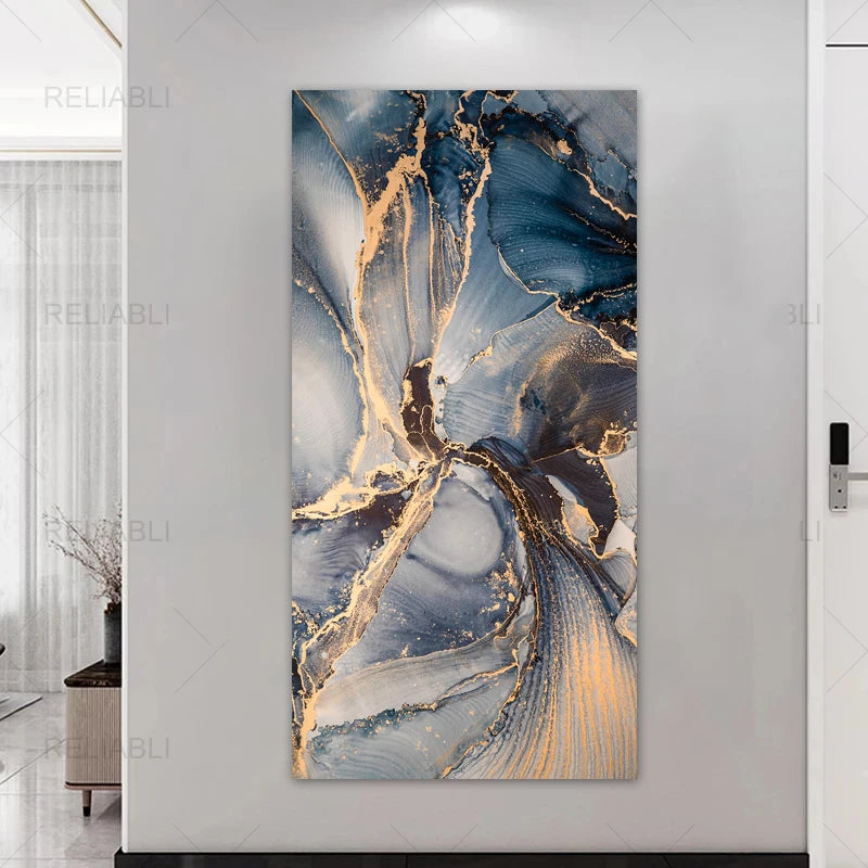 Set of 3Pcs Abstract Golden Blue Liquid Marble Print Wall Art Fine Art Canvas Prints Pictures For Modern Living Room Bedroom Home Office Decor