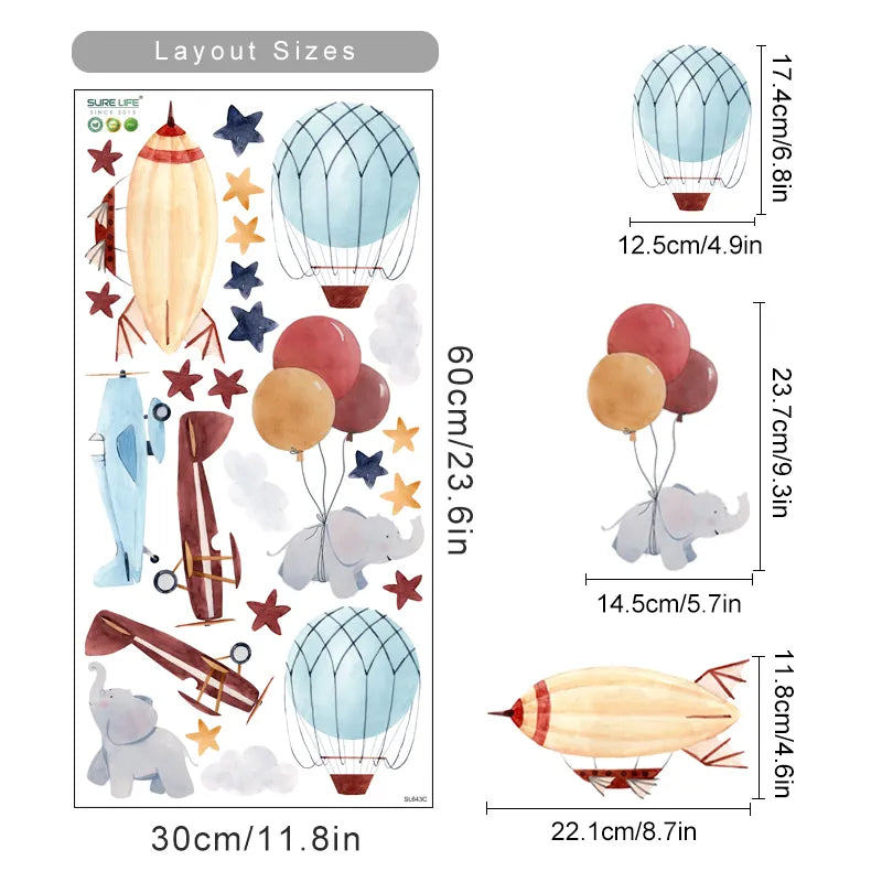Planes Balloons & Automobiles Wall Sticks For Baby's Room Decor Removable Peel & Stick PVC Wall Decals For Creative Kid's Room Wall Decoration 