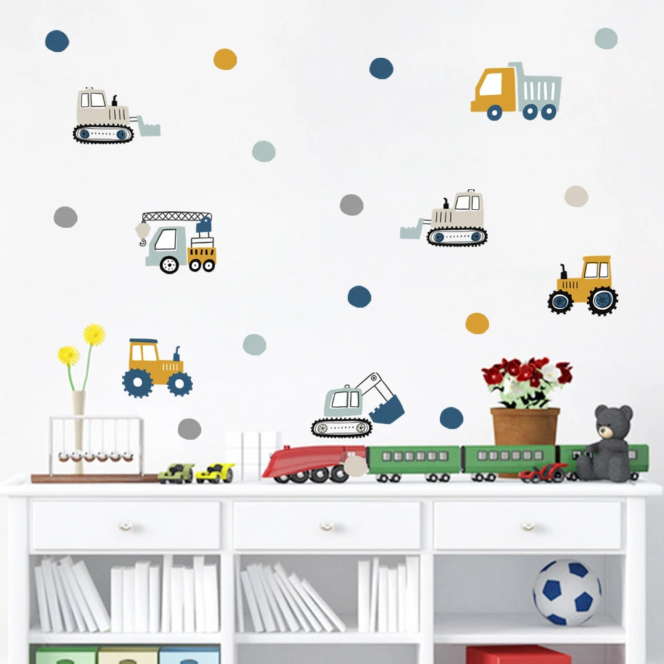 Cute Construction Tractors & Trucks Wall Stickers For Boy's Room Removable Peel & Stick Vinyl Wall Decals For Kids Bedroom Creative DIY Decor