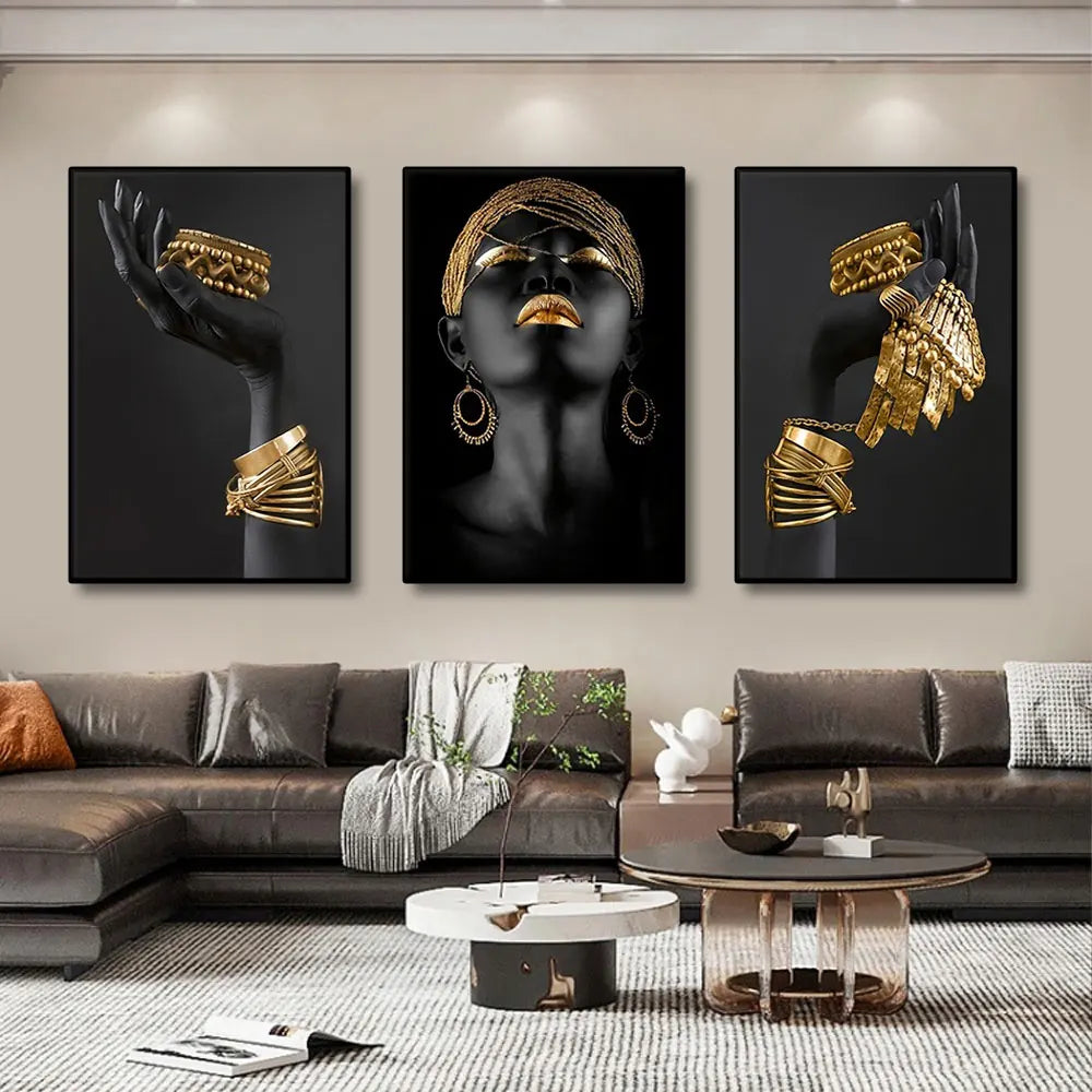 Modern Minimalist Black Golden Woman Portrait Wall Art Fine Art Canvas Prints Pictures For Luxury Living Room Dining Room Home Office Decor