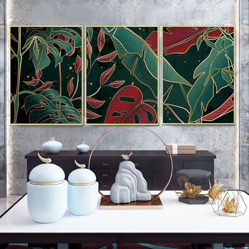 Modern Abstract Tropical Botany Wall Art Fine Art Canvas Prints Red Green Palm Leaves Posters Pictures For Living Room Hotel Room Decor