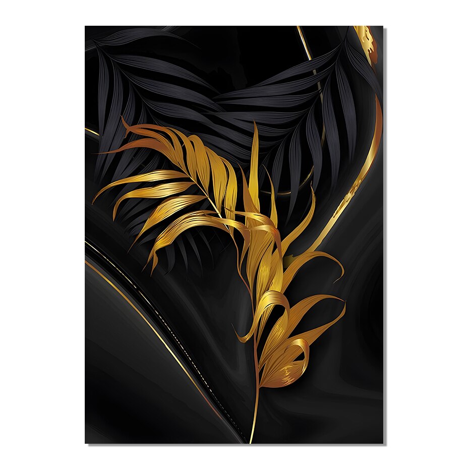 Set of 3 Pcs Black Green Golden Palm Leaves Wall Art Fine Art Canvas Prints Modern Tropical Botanical Pictures For Living Room Dining Room Home Office Decor