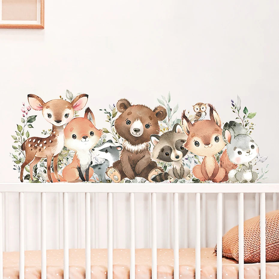 Cute Woodland Animals Wall Decals Bear Rabbit Deer Fox & Friends Peel & Stick Removable Wall Decals For Nursery Room Creative DIY Decor