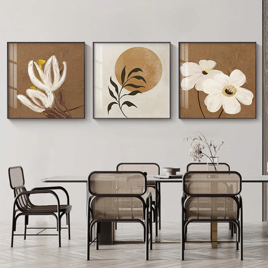 White Flower Sun Leaves Botanical Wall Art Fine Art Canvas Prints Modern Square Format Abstract Floral Pictures For Living Room Home Art Decor