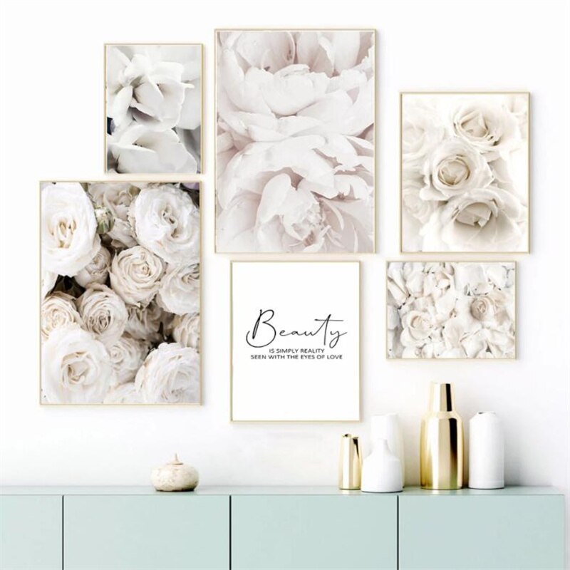 Simple Floral White Rose Peonies Wall Art Fine Art Canvas Prints Black White Botanical Pictures For Living Room Modern Interiors Home Decor