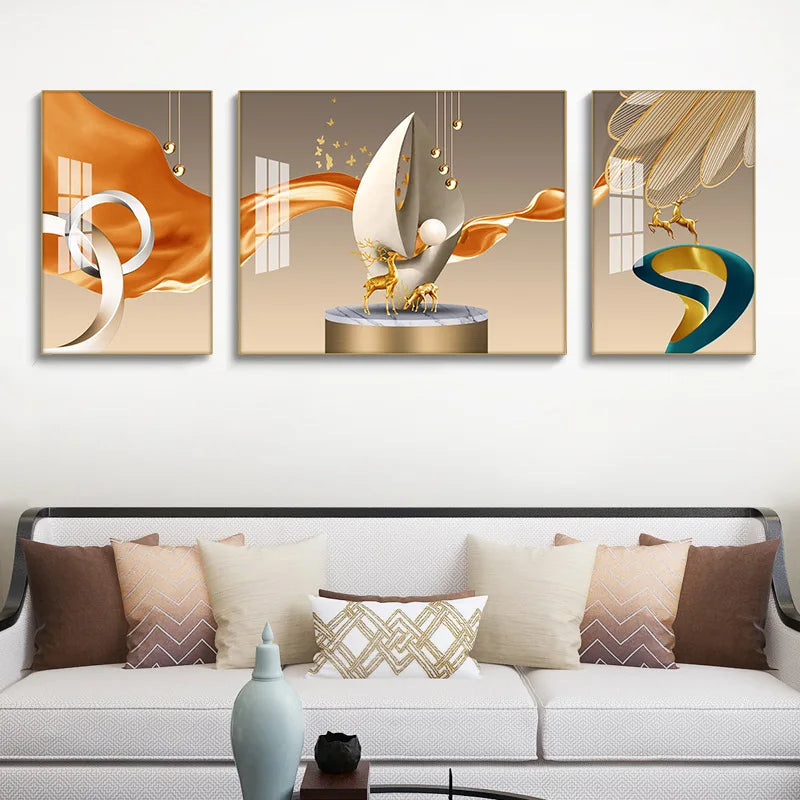 Set of 3Pcs Nordic Abstract Circle Of Light Auspicious Flowing Landscape Wall Art Fine Art Canvas Prints Pictures For Luxury Living Room Dining Room Wall Decor (Triptych, Set of 3)