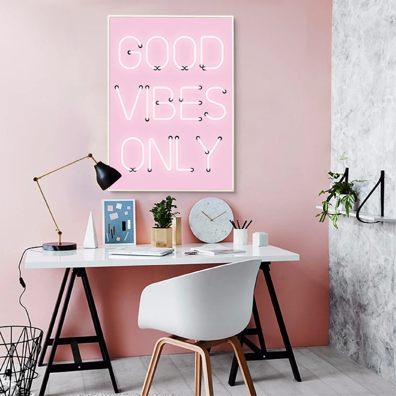 Good Vibes Only Neon Pink Poster Wall Art Fine Art Canvas Prints Positivity Picture For Living Room Girl's Bedroom Salon Art Decor